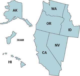 Map showing US states and territories covered by the Washington IFS COE: Alaska, Guam, Hawaii, Washington, Oregon, Idaho, California, and Nevada.